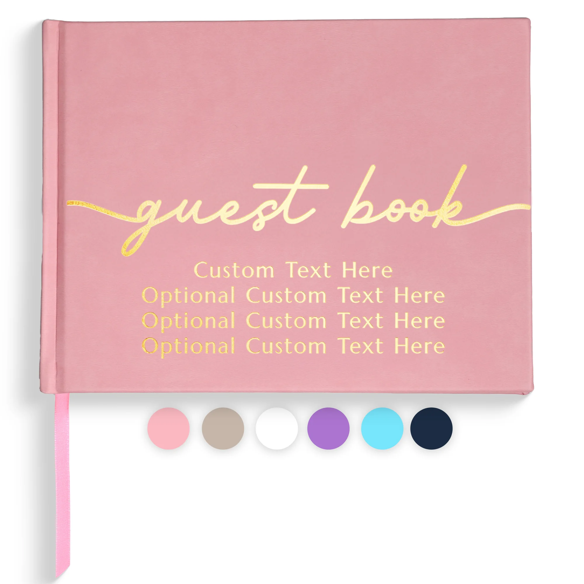 Pastel pink Personalized Guest Book for Party - Vegan Leather Hardcover with gold foil “guest book” lettering and customizable text on the cover, elegant hardcover design for weddings and special events.